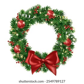 Christmas tree wreath. Realistic pine tree branches with red bow and ribbons. Decoration for holiday banners, party posters, cards, headers, social media. Transparent background in vector file.