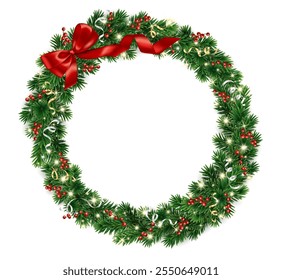 Christmas tree wreath. Realistic pine tree branches with red bow and ribbons. Decoration for holiday banners, party posters, cards, headers, social media. Transparent background in vector file.