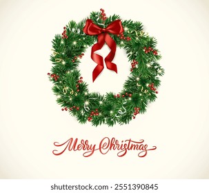Corona de árbol de Navidad. Ramas de pino realistas con lazo rojo y cintas. Decoración para Anuncios de vacaciones, carteles de fiesta, tarjetas, encabezados, redes sociales. Feliz caligrafía de Navidades.