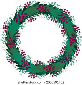 Christmas tree wreath with red berries. Spruce New Year's wreath. Decorative element. Vector illustration on a white background.