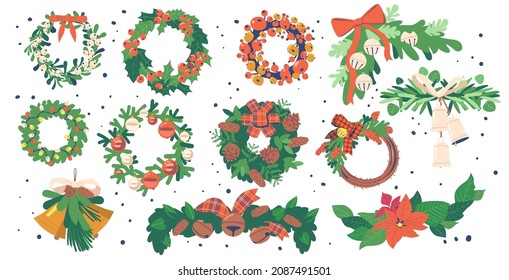 Christmas Tree Wreaths and Garlands, Winter Decoration of Plants, Berries and Leaves, Fir or Pine Branches and Red Bows. Floral Collection for Invitations, Greeting Card. Cartoon Vector Illustration