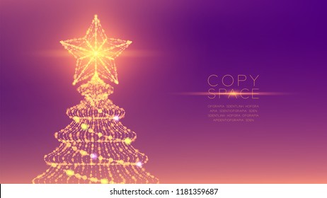 Christmas Tree wuth Star wireframe polygon bokeh light frame structure and lens flare, Business strategy concept design illustration isolated on purple gradient background with copy space, vector