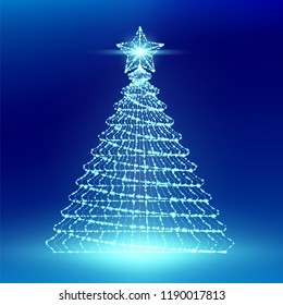 Christmas Tree wuth Star wireframe polygon bokeh light frame structure and lens flare, Technology connection concept design illustration isolated on blue gradient background with copy space