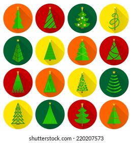 Christmas tree xmas celebration holiday flat round buttons icons set isolated vector illustration