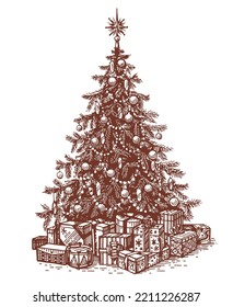 Christmas tree with xmas decorations. Merry Christmas and New Year concept. Happy holidays sketch vintage vector