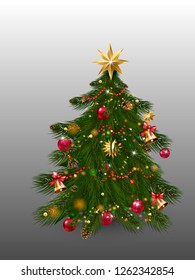 Christmas tree with xmas decorations - ornaments, stars, garlands, snowflakes, lamps. vector illustration template for design, greeting card, invitation.  Merry Christmas and happy new year.