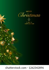Christmas tree with xmas decorations - ornaments, stars, garlands, snowflakes, lamps. vector illustration template for design, greeting card, invitation.  Merry Christmas and happy new year.