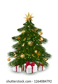 Christmas tree with xmas decorations - ornaments, stars, garlands, snowflakes, lamps. vector illustration template for design, greeting card, invitation.  Merry Christmas and happy new year.