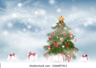 Christmas tree with xmas decorations - ornaments, stars, garlands, snowflakes, lamps. vector illustration template for design, greeting card, invitation. Winter landscape background with falling snow.