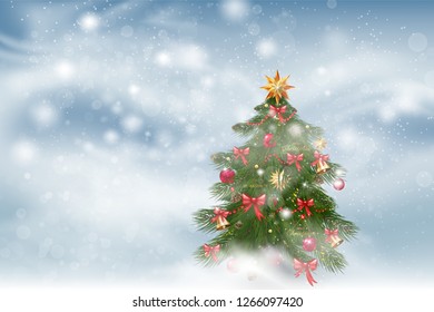 Christmas tree with xmas decorations - ornaments, stars, garlands, snowflakes, lamps. vector illustration template for design, greeting card, invitation. Winter landscape background with falling snow.