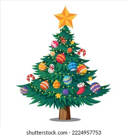 Christmas tree with xmas decorations - ornaments, stars, garlands, lights. Isolated. Vector illustration