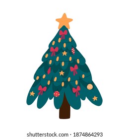 Christmas tree with xmas decorations, star, lights, decoration balls, lamps. Merry Christmas and a happy new year. Flat cartoon vector illustration.