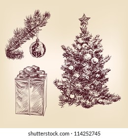  christmas tree for xmas design, with balls and gifts hand drawn  vector illustration