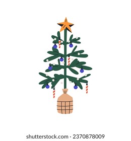 Árbol de Navidad. Faro de Navidad decorado con baubles de vacaciones. Fresco vivo diseñado con adornos, decoraciones, estrellas superiores. Planta de invierno natural. Ilustración vectorial plana aislada en fondo blanco