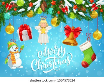 Christmas tree with Xmas and New Year gifts vector greeting card. Winter holidays present box, snowman and bell, stars, snow and balls, sock and angel with red ribbon bows hanging on pine branches