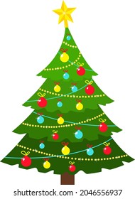 Christmas tree with Xmas star, balloons and lights. Green fir or pine, decorated, glowing garlands, Vector design of New Year holidays. New Years Eve 2022.