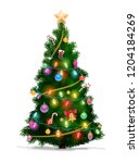 Christmas tree with Xmas star, balls and lights. Green fir or pine, decorated with gift boxes, glowing garland and bell with red ribbon, stocking, candies and baubles. New Year holidays vector design