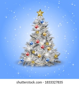 Christmas tree with Xmas star, balls and lights. New Year holidays vector design.  Silver fir or pine. Vector illustration EPS10