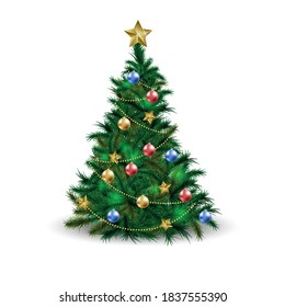 Christmas tree with Xmas star, balls and lights. New Year holidays vector design.  Green fir or pine