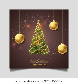 Árbol de Navidad con estrella de Navidad, bolas y luces. Pino o abeto verde, guirnalda brillante y campana con luces. Banner de Feliz Año Nuevo y Feliz Navidad, diseño vectorial