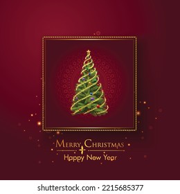 Christmas tree with Xmas star, balls and lights. Green fir or pine,  glowing garland and bell with lights. Happy New Year and Merry Christmas banner, vector design