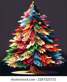 Christmas tree with Xmas star, balls and lights. Green fir or pine, decorated with gift boxes, glowing garland and bell with red ribbon, stocking, candies and baubles. New Year holidays vector design