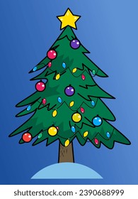 Christmas tree with Xmas star, balls and lights