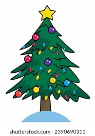 Christmas tree with Xmas star, balls and lights. Isolated on white