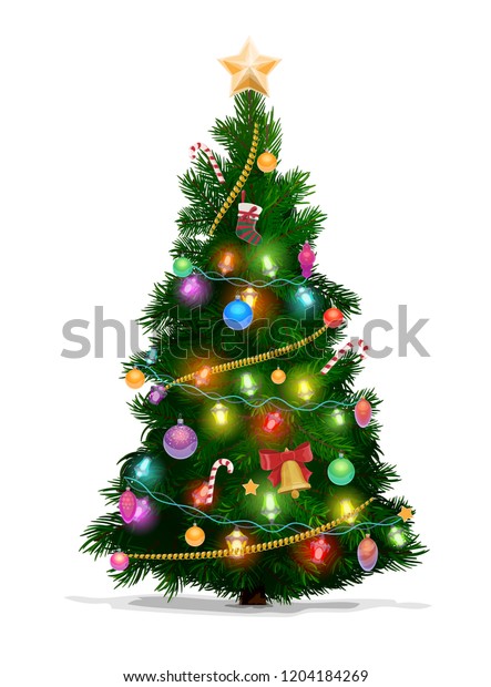 Christmas tree with Xmas star, balls and lights.\
Green fir or pine, decorated with gift boxes, glowing garland and\
bell with red ribbon, stocking, candies and baubles. New Year\
holidays vector\
design