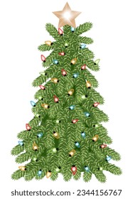 Christmas tree with Xmas star and lights isolated on white background.Green fir or pine tree decorated with glowing garland and baubles.Vector element design for New Year holiday,Card,Invitation