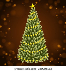 Christmas tree with yellow Christmas balls on the brown background