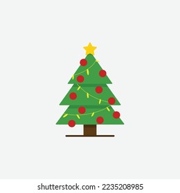 Christmas Tree With Yellow Garland Vector Illustration Christmas tree with red balls, yellow lights and star. Green tree decoration, isolated on white background. Flat design. Symbol of holiday.