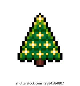 Christmas tree with yellow lights isolated on white background. Winter theme icon. Vector pixel art illustration of New Year elements in 16-bit old style.