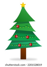 Christmas tree with yellow lights, spheres and a yellow star at the top of the tree