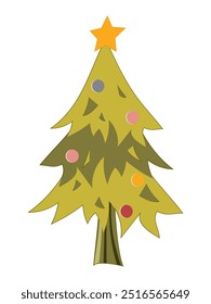 Christmas tree with yellow star isolated on white background for holiday cards. Vector.