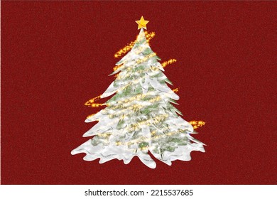 Christmas tree with yellow star on red rough background. Vector image.