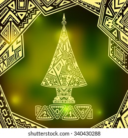 Christmas Tree in Zen doodle style  on blur background in green city Lights creative Post Card or for decoration  of window, door in shop or for  decoration  Christmas or New Year things