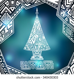 Christmas Tree in Zen doodle style  on blur background in blue city Lights creative Post Card or for decoration  of window, door in shop or for  decoration  Christmas or New Year things