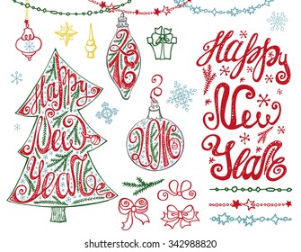 Christmas tree,balls,New year 2016 lettering.Hand drawn doodle decoration with garlands,handwriting quotes,bow,snowflakes.Holiday wishes.Design template.Vintage vector.Winter season, spruce branches