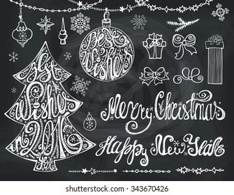 Christmas tree,balls,New year lettering.Hand drawn doodle decoration with garlands,handwriting quotes best wishes,bow,snowflakes.Holiday design,Vintage Winter vector, spruce branches.Chalkboard