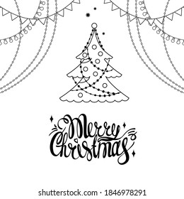 Christmas tree.Christmas balls. Garlands. New year's illustration. Vector. White background. Lettering