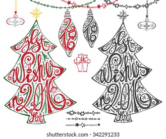 Christmas tree,New year 2016 lettering.Hand drawn doodle decrtation with ball, garlands,handwriting quotes.Holiday wishes.Design template.Vintage vector.Winter season, snowflakes,spruce branches