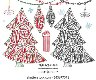 Christmas tree,New year 2016 lettering.Hand drawn doodle decoration with ball, garlands,handwriting quotes.Holiday wishes.Design template.Vintage vector.Winter season, snowflakes,spruce branches