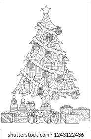 Christmas tree,presents and ornaments drawing for cards and coloring book,coloring page.Vector illustration