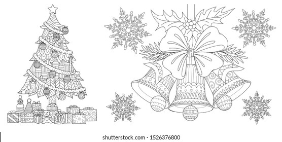 Christmas tree,presents,ornaments and bell drawing collection for cards and coloring book,coloring page.Vector illustration