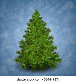 Christmas Tree.Realistic Vector Illustrator. Background Blue