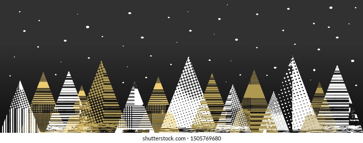 Christmas trees with abstract texture. White and gold color. Black background with snowflakes. Horizontal banner. Vector illustration