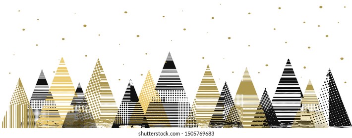 Christmas trees with abstract texture. White and gold colour. White background with golden snowflakes. Horizontal banner. Vector illustration