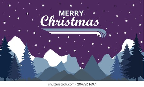 Árboles de Navidad en el fondo de las montañas y el cielo estrellado. Ilustración vectorial.