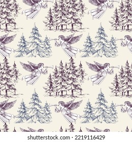 Christmas trees and Christmas angel seamless pattern, pine trees forest design